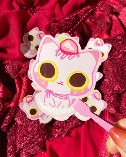 Cartoon character sticker on a red textured background