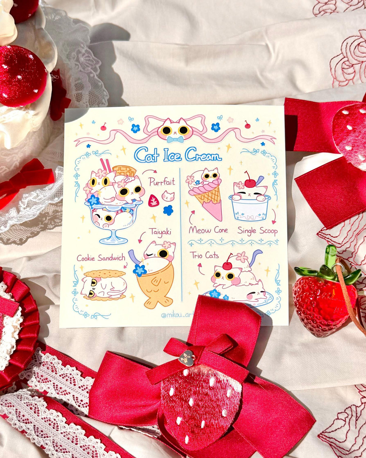 Cat Ice Cream Shop Sticker Sheet | Sweet Kitty | Waterproof Vinyl Sheet (14x14cm)