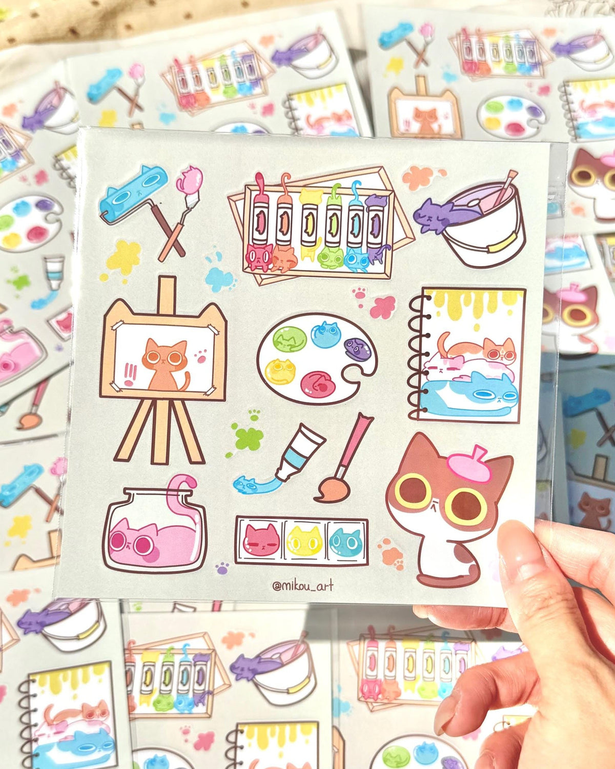 Tuxedo Cat Artist Sticker Sheet | Cute Painting Kitty Vinyl Stickers| Waterproof Vinyl Sheet (14x14cm)