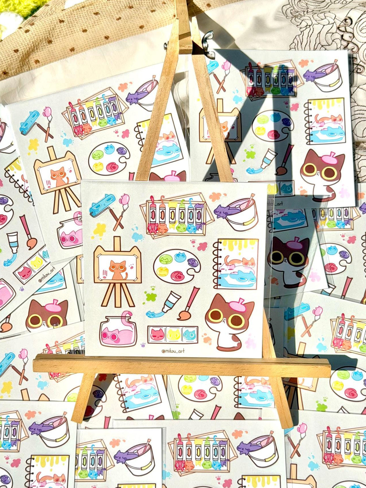 Tuxedo Cat Artist Sticker Sheet | Cute Painting Kitty Vinyl Stickers| Waterproof Vinyl Sheet (14x14cm)