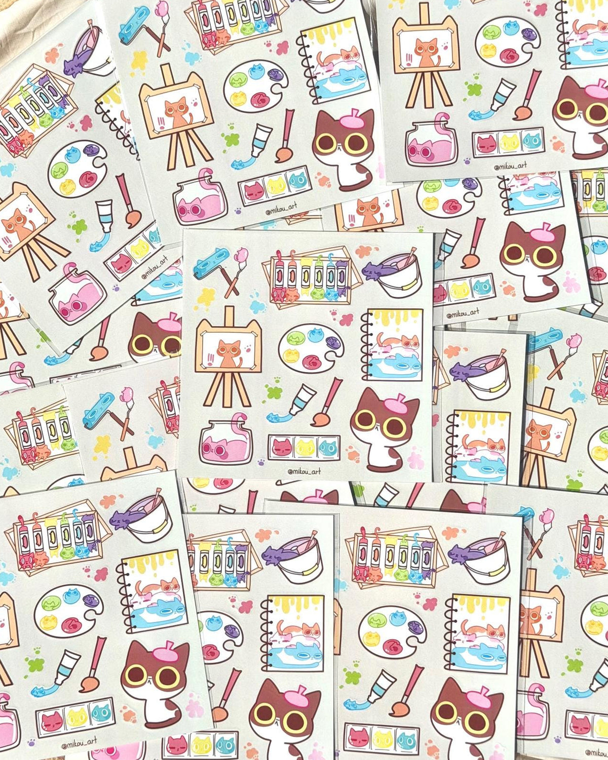 Tuxedo Cat Artist Sticker Sheet | Cute Painting Kitty Vinyl Stickers| Waterproof Vinyl Sheet (14x14cm)