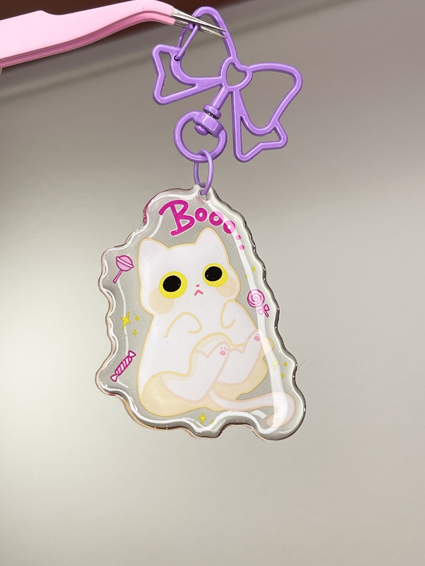 Spooky Ghost Cat Epoxy Acrylic Keychain/Charm | Mikou Original Art