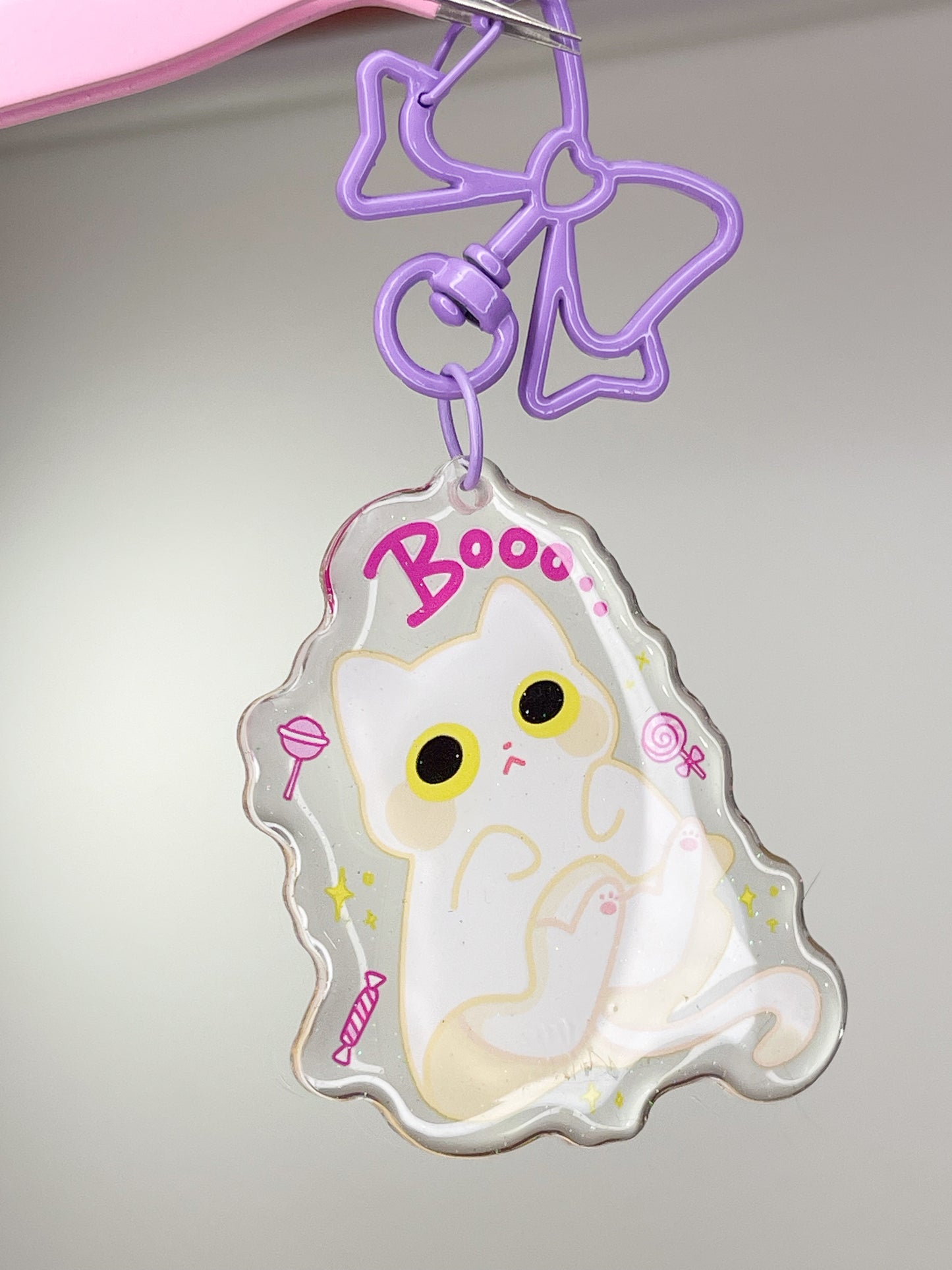 Spooky Ghost Cat Epoxy Acrylic Keychain/Charm | Mikou Original Art