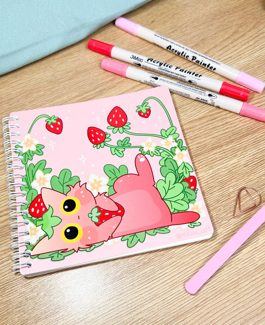 Cute Reusable Sticker Book | Laying Forever Strawberry Cat | 6x6 | Double Sided | 40 Pages | Glowing Patterm | Mikou Original Art