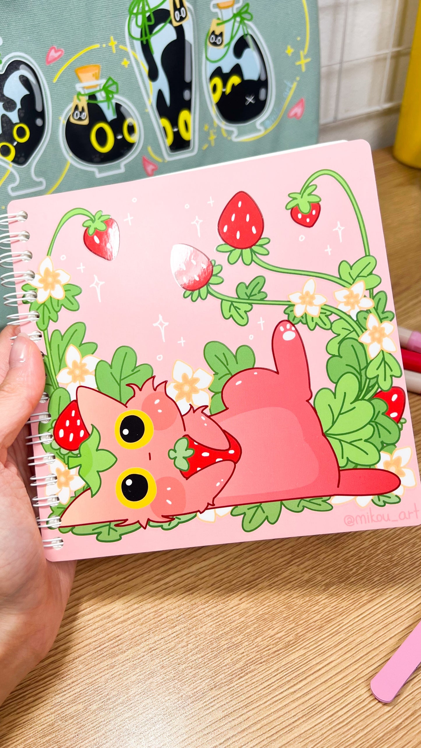 Cute Reusable Sticker Book | Laying Forever Strawberry Cat | 6x6 | Double Sided | 40 Pages | Glowing Patterm | Mikou Original Art