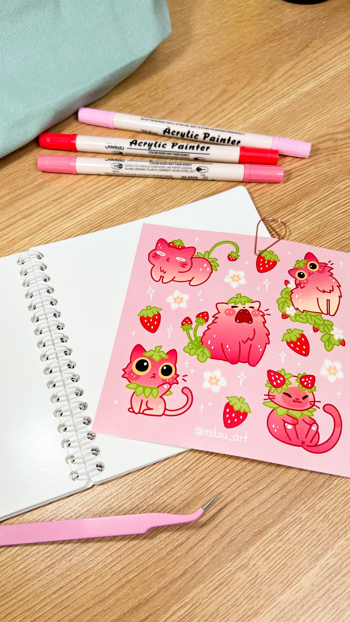 Cute Reusable Sticker Book | Laying Forever Strawberry Cat | 6x6 | Double Sided | 40 Pages | Glowing Patterm | Mikou Original Art