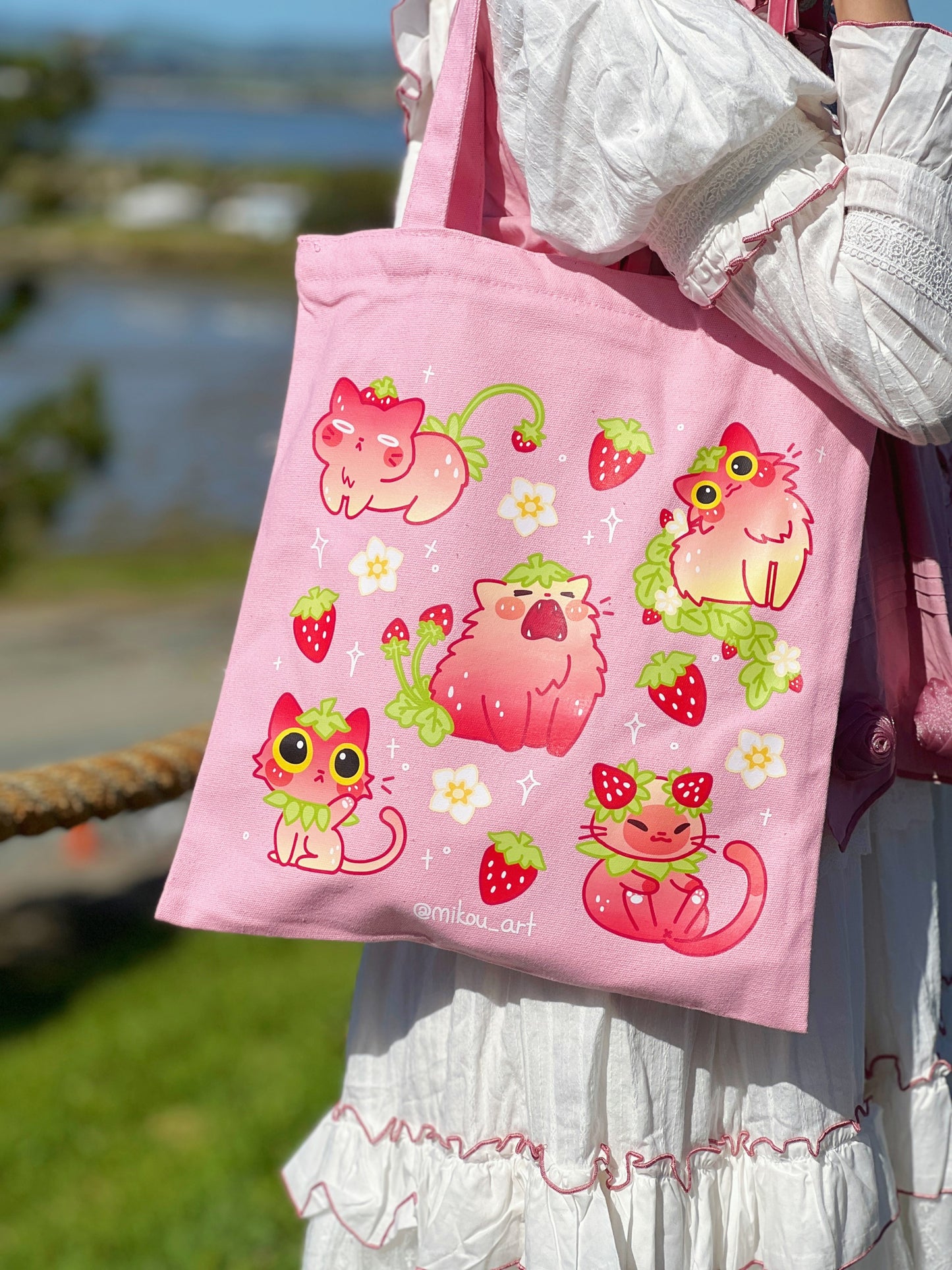 Full of Strawberry Cats Cotton Tote Bag | 100% Pink Cotton | Gift for Cat Lovers | Handmade, Durable and Functional | Mikou Original Art