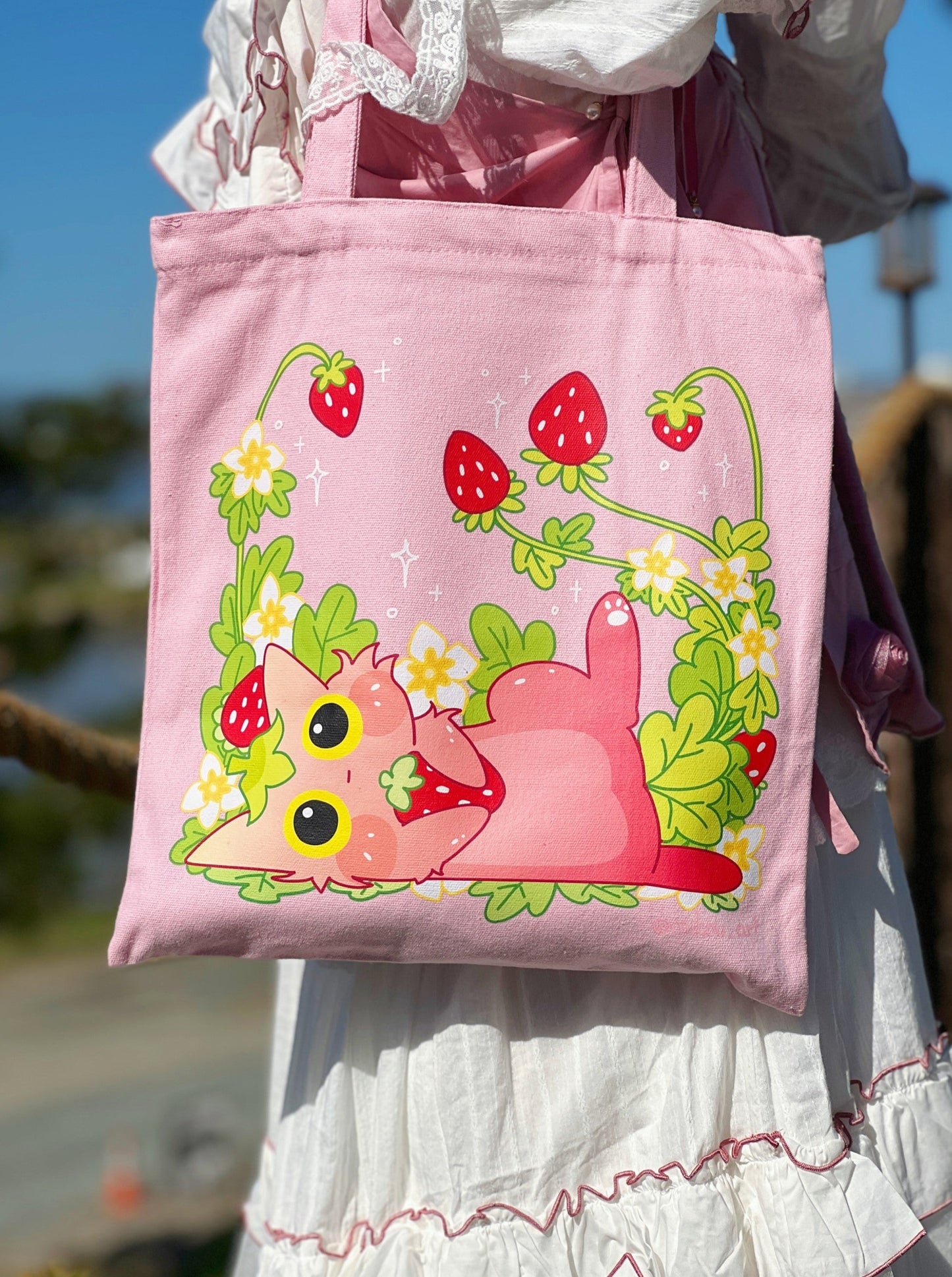 Laying Forever Strawberry Cat Tote Bag | 100% Pink Cotton | Gift for Cat Lovers | Handmade, Durable and Functional | Mikou Original Art