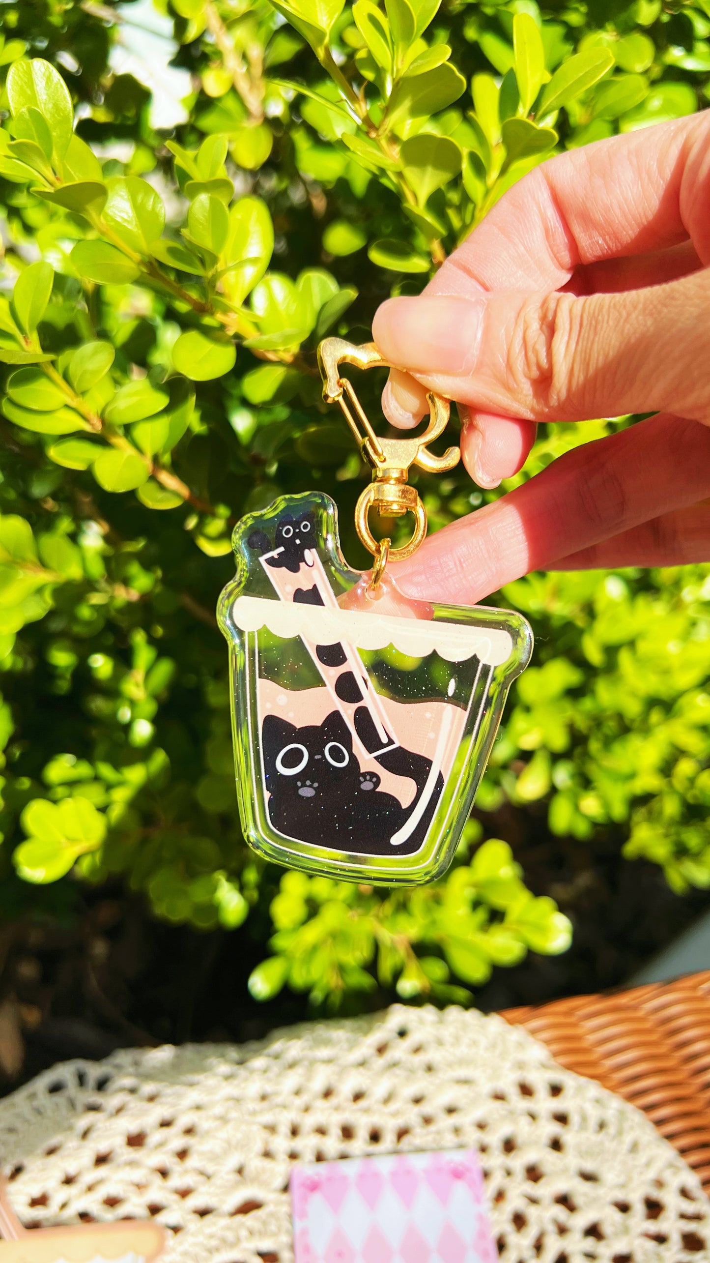 Black Cat Boba Milktea Epoxy Acrylic Keychain/Charm | Mikou Original Art