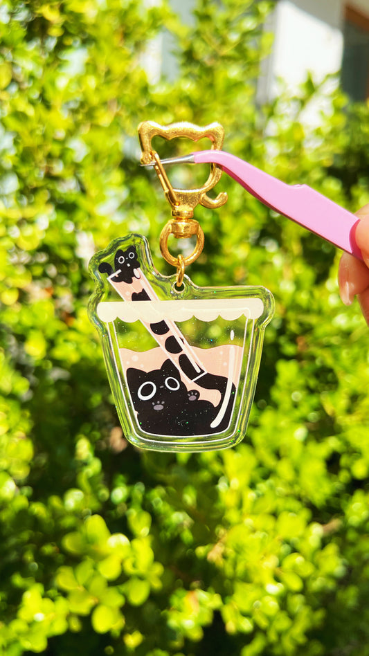 Black Cat Boba Milktea Epoxy Acrylic Keychain/Charm | Mikou Original Art