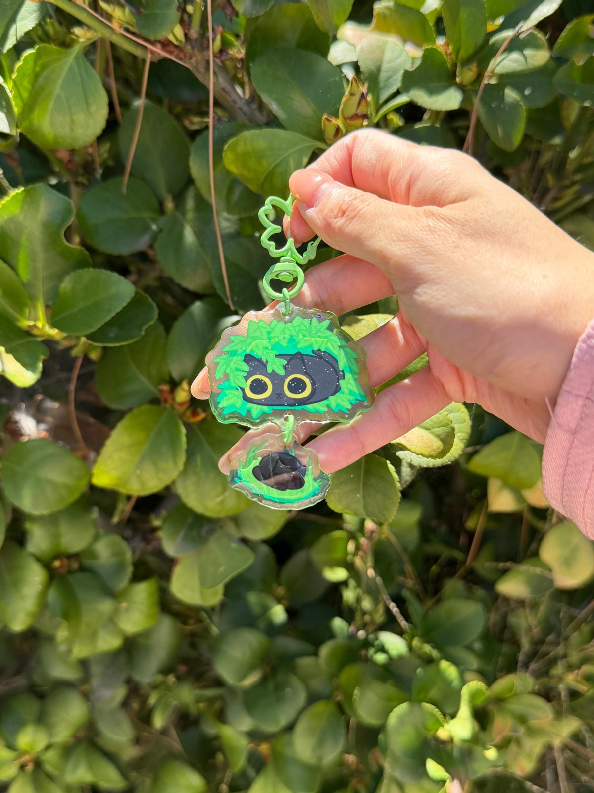 Forest Black Cat Connection Keychain | Cute Woodland Kitty Acrylic Keychain | Double Charm Cat Keychain