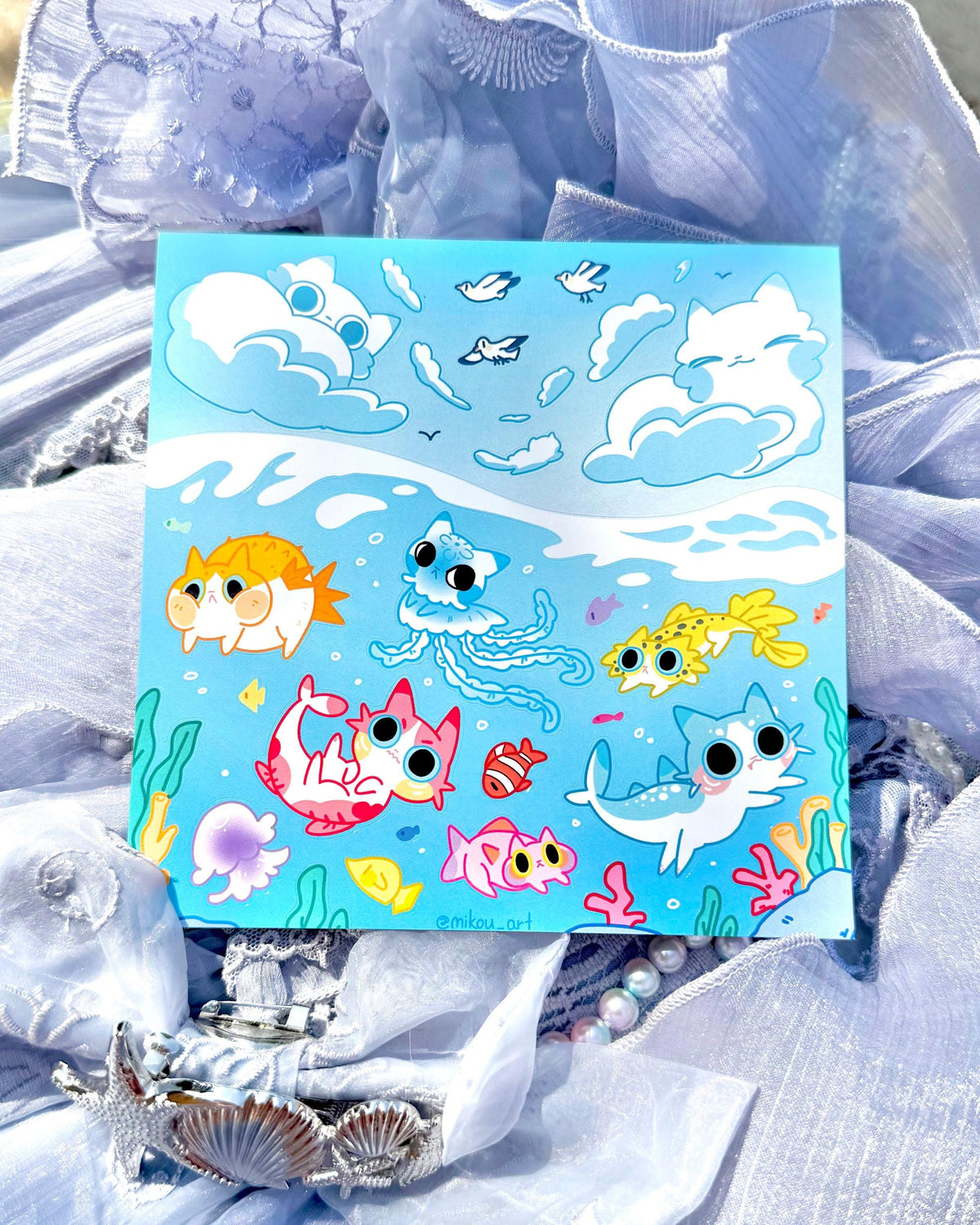Mermaid Cat Sticker Sheet | Deep Sea Kitty | Waterproof Vinyl Sheet (14x14cm)