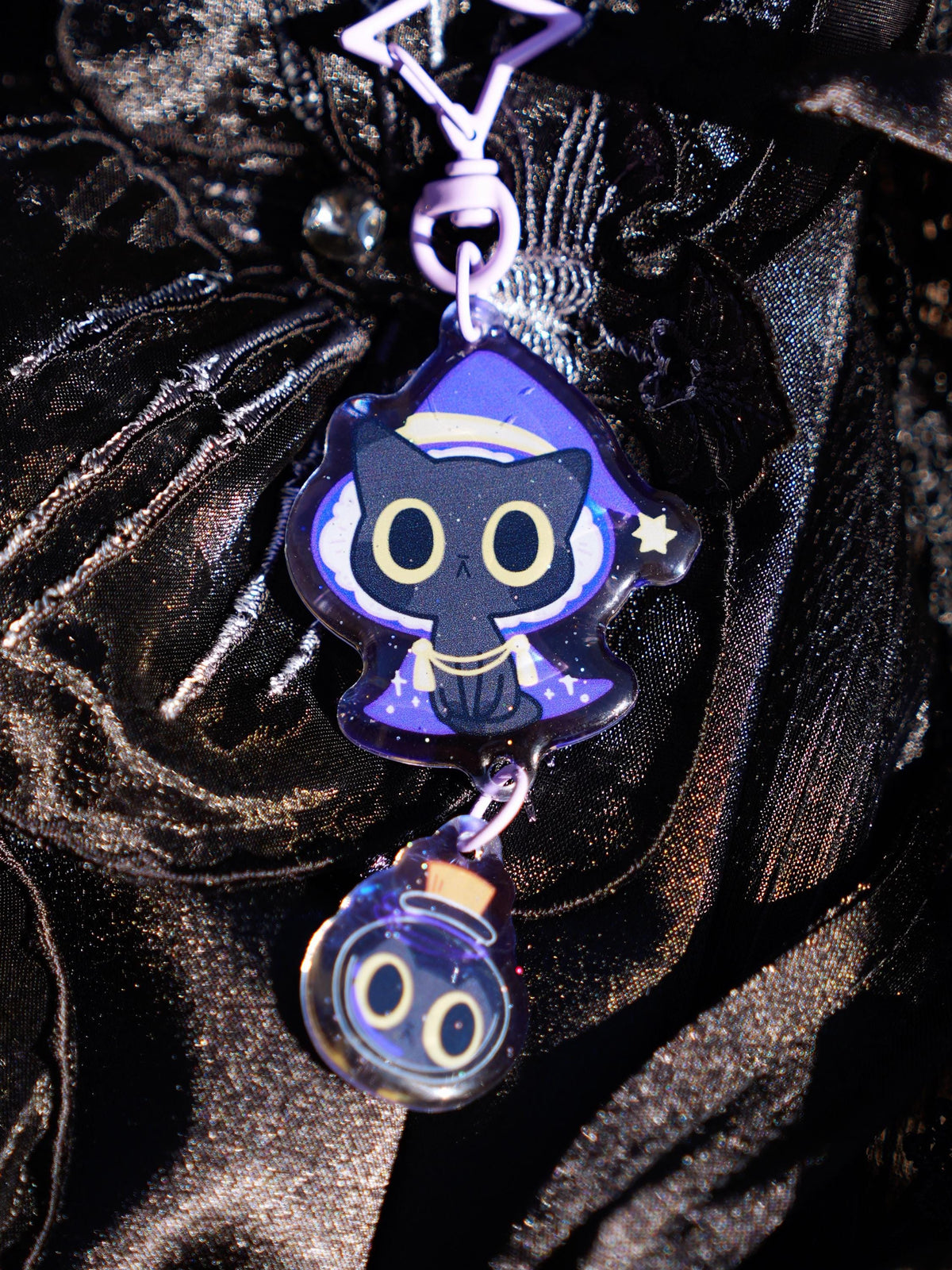 Wizard Cat Connection Keychain | Magic Kitty Acrylic Keychain | Double Charm Cat Keychain