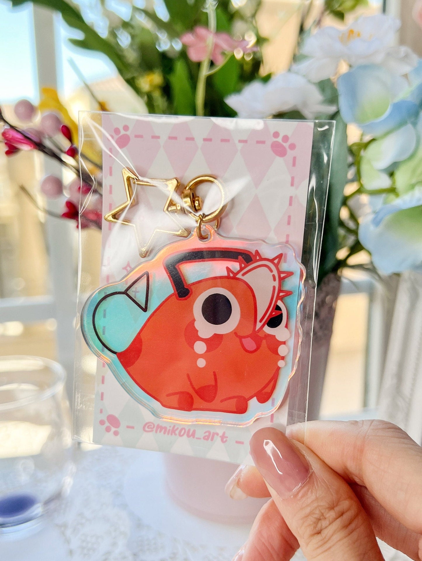 Crying Cute Chainsaw Dog | Rainbow Laser Acrylic Charm/Keychain