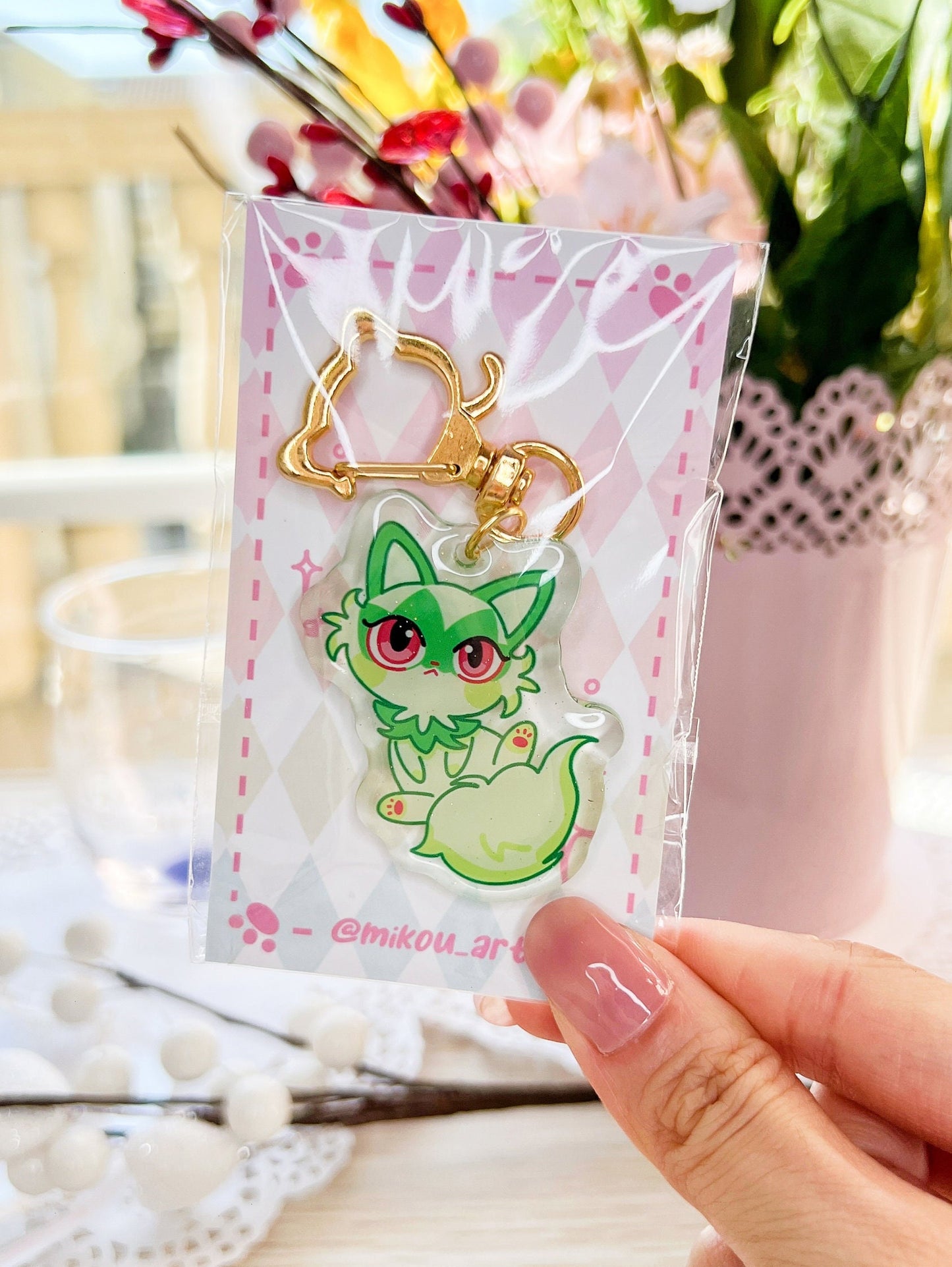 Grass Cat Epoxy Acrylic Keychain/Charm |Pokemon Scarlet & Violet Inspired