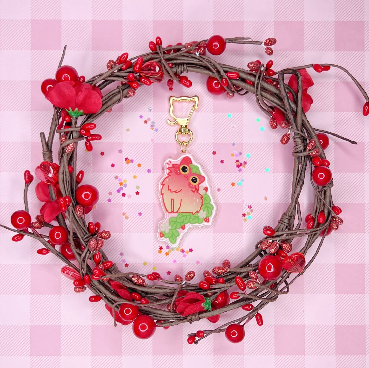 Cute Staring Strawberry Cat Epoxy Acrylic Keychain/Charm | Mikou Original Art