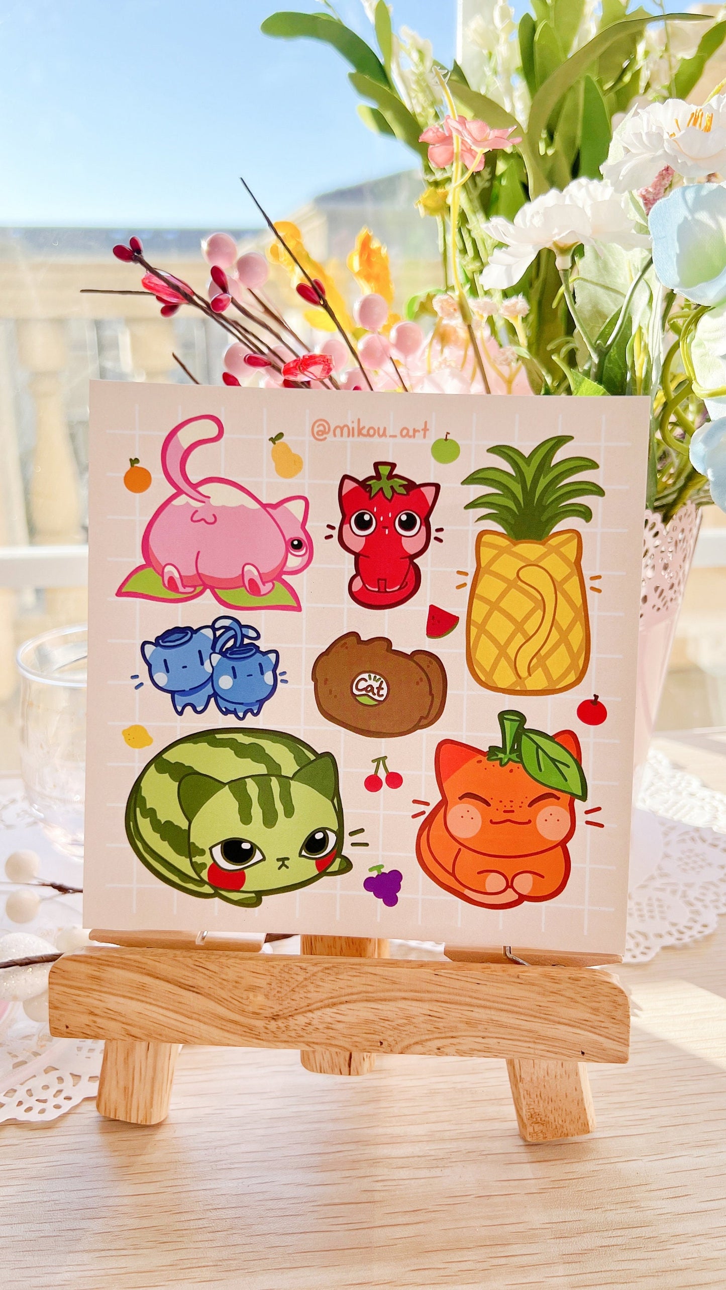 Whimsical Fruit Cat Collage Vinyl Sticker Sheet | 5.5x5.5 inch | Mikou Original Art