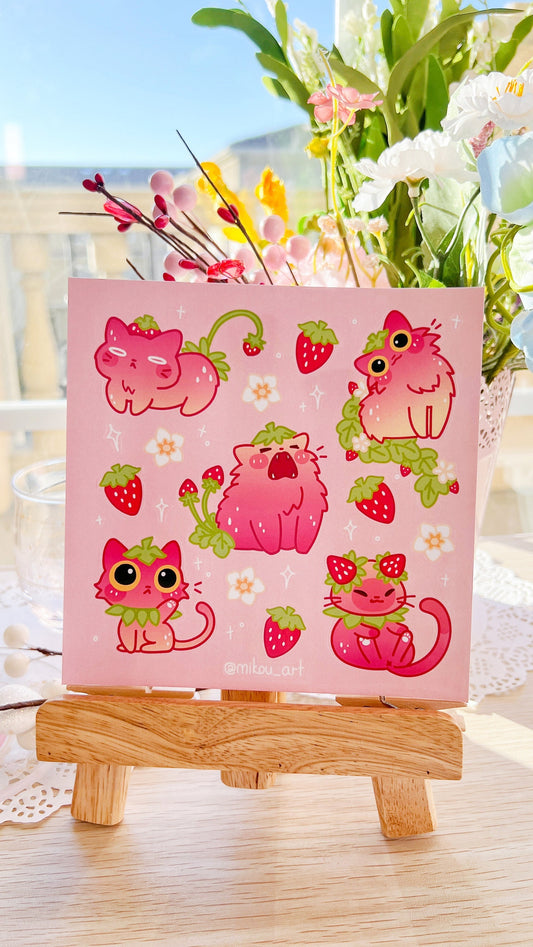 Whimsical Strawberry Cat Collage Vinyl Sticker Sheet | 5.5x5.5 inch | Mikou Original Art