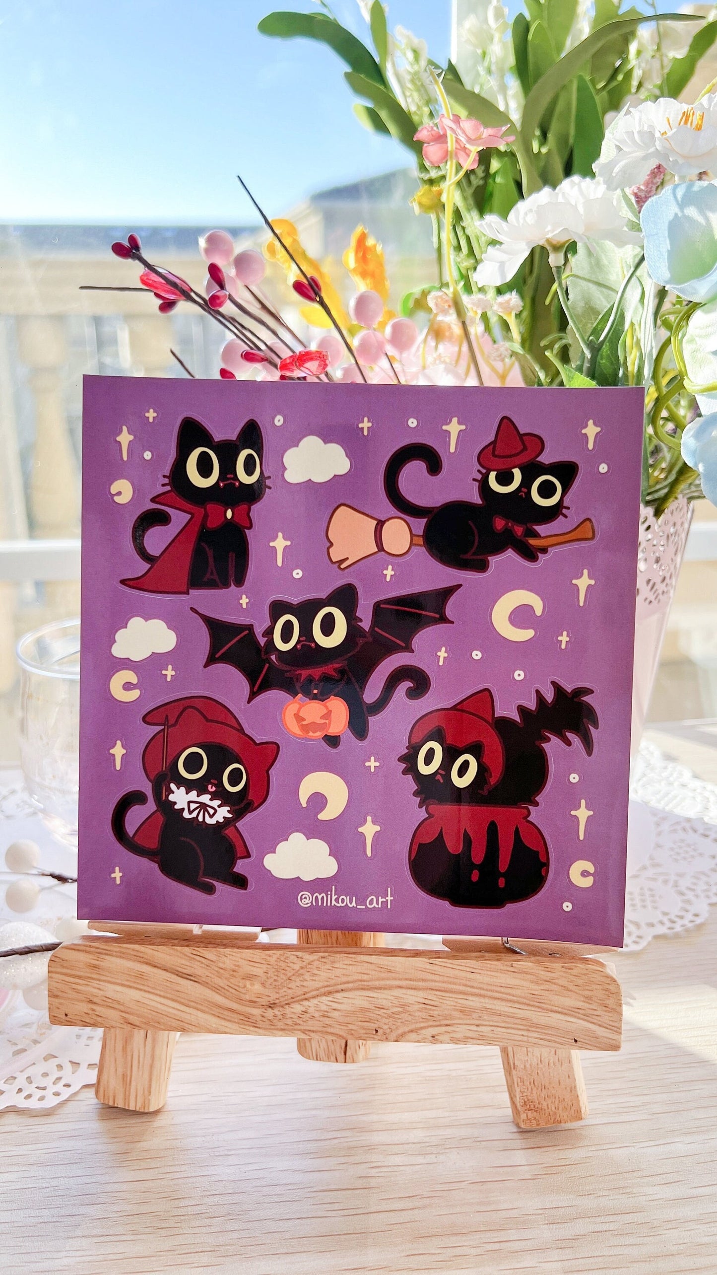 Whimsical Halloween Cat Collage Vinyl Sticker Sheet | 5.5x5.5 inch | Mikou Original Art