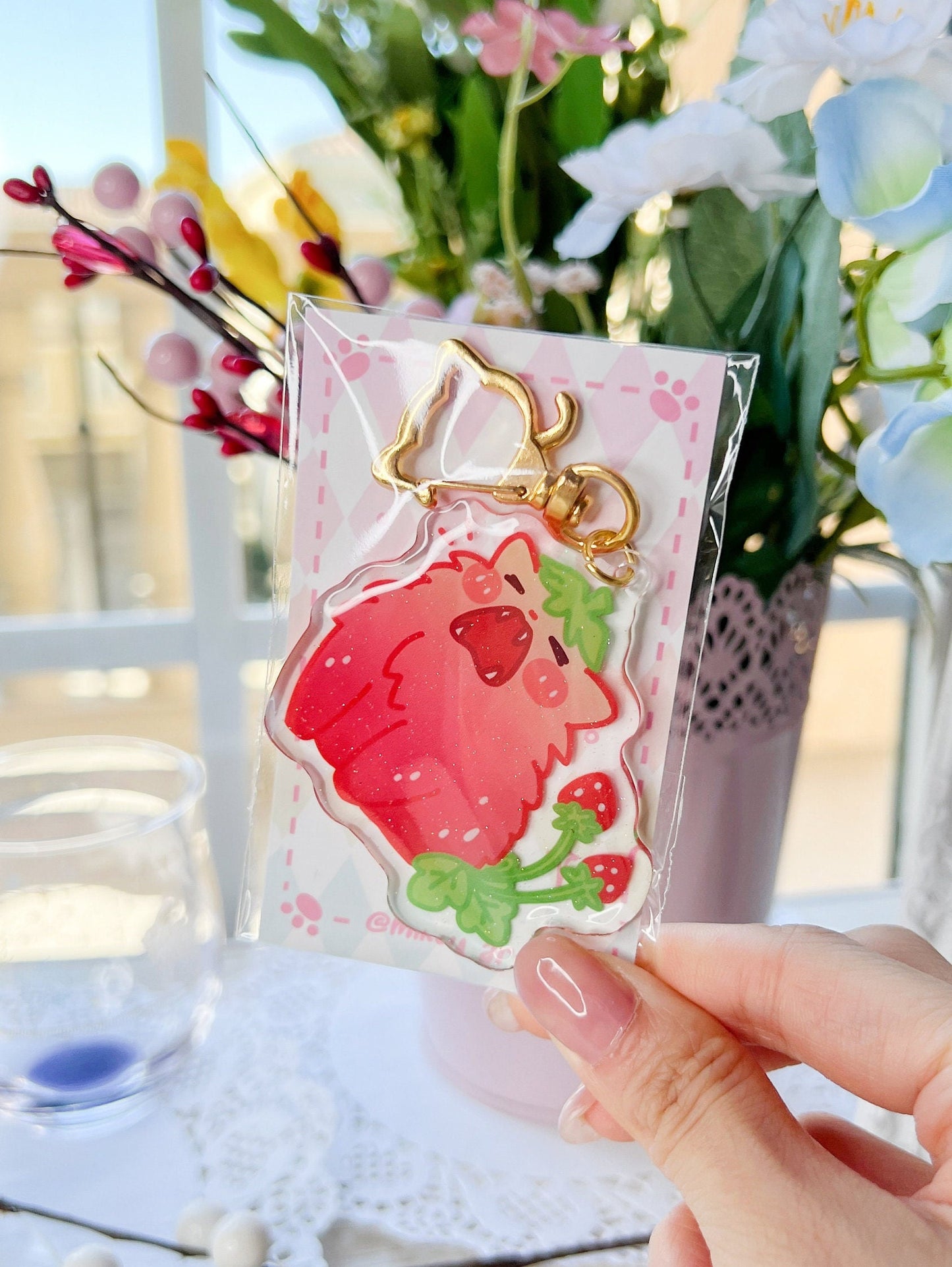 Cute Yawning Strawberry Cat Epoxy Acrylic Keychain/Charm | Mikou Original Art