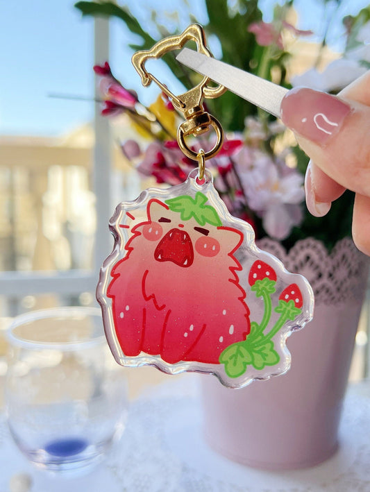 Cute Yawning Strawberry Cat Epoxy Acrylic Keychain/Charm | Mikou Original Art