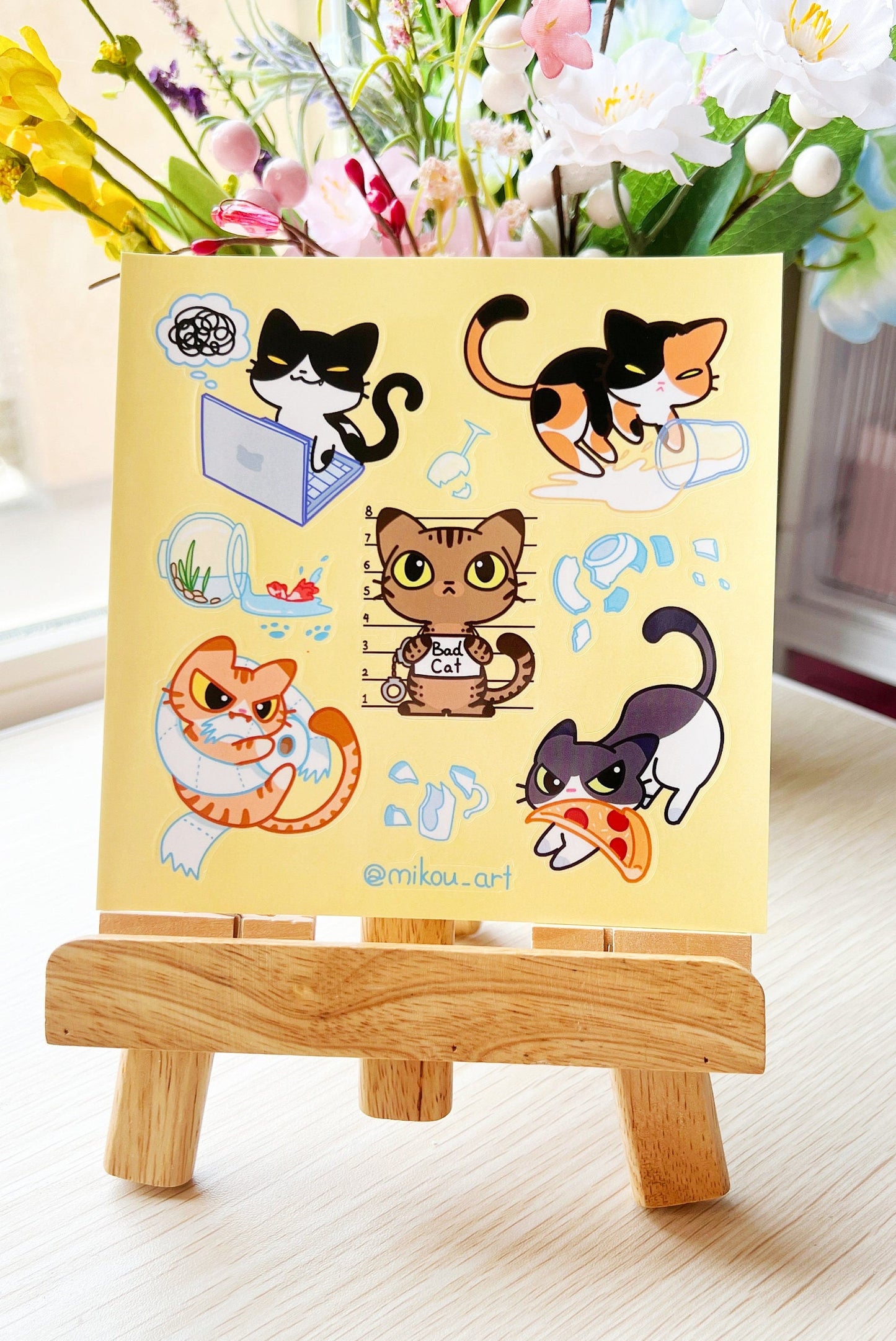 Sticker Sheet | Bad Cats Collage | 5.5x5.5 inch | Waterproof, and Fade-Resistant | Gift for Cat Lovers | Mikou Original Art