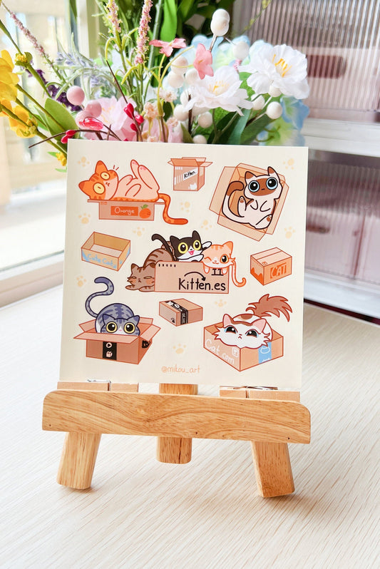 Sticker Sheet | Cats in the Box Collage | 5.5x5.5 inch | Waterproof, and Fade-Resistant | Gift for Cat Lovers | Mikou Original Art