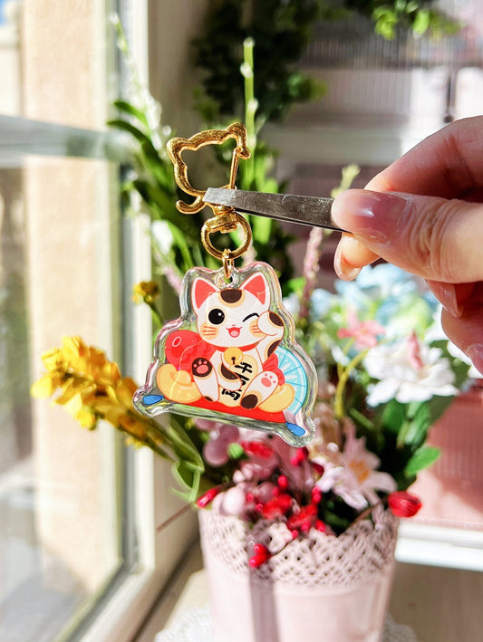 Cute Luck Cat(Maneki Neko) Epoxy Acrylic Keychain/Charm | Mikou Original Art