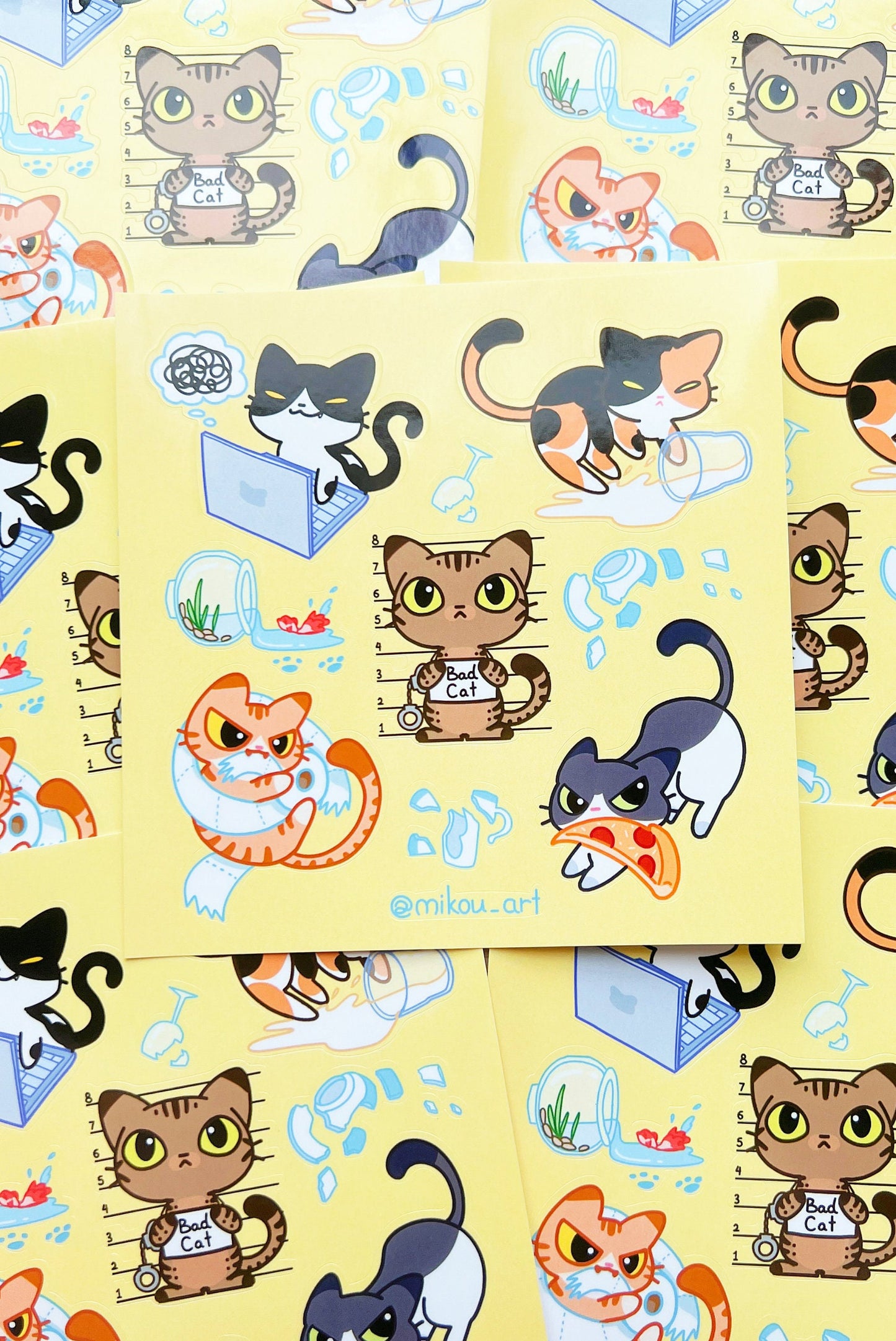 Sticker Sheet | Bad Cats Collage | 5.5x5.5 inch | Waterproof, and Fade-Resistant | Gift for Cat Lovers | Mikou Original Art