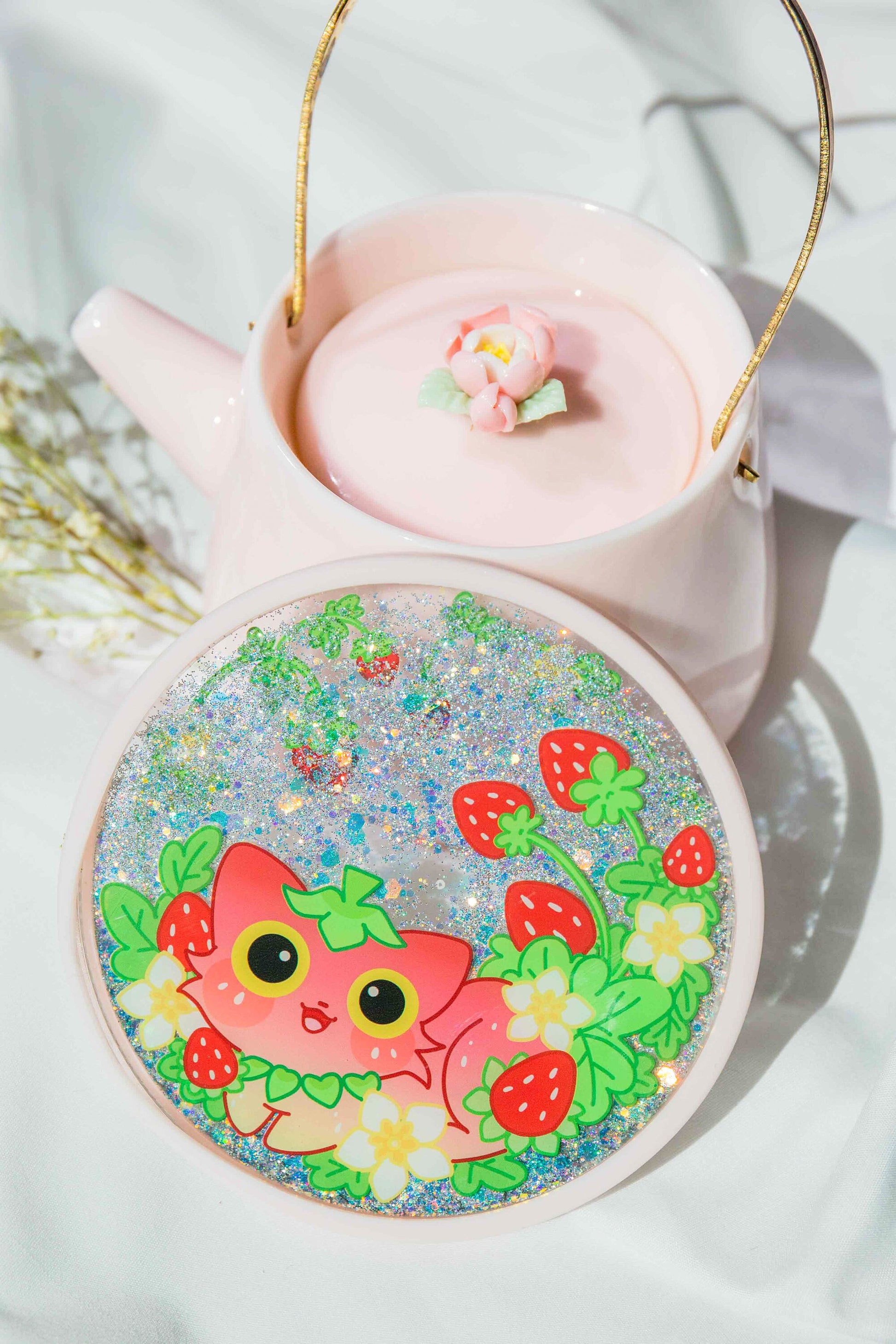 Glitter Quicksand Coaster Blossom Strawberry Cat | Gift for Cat Lovers | Mikou Original Art