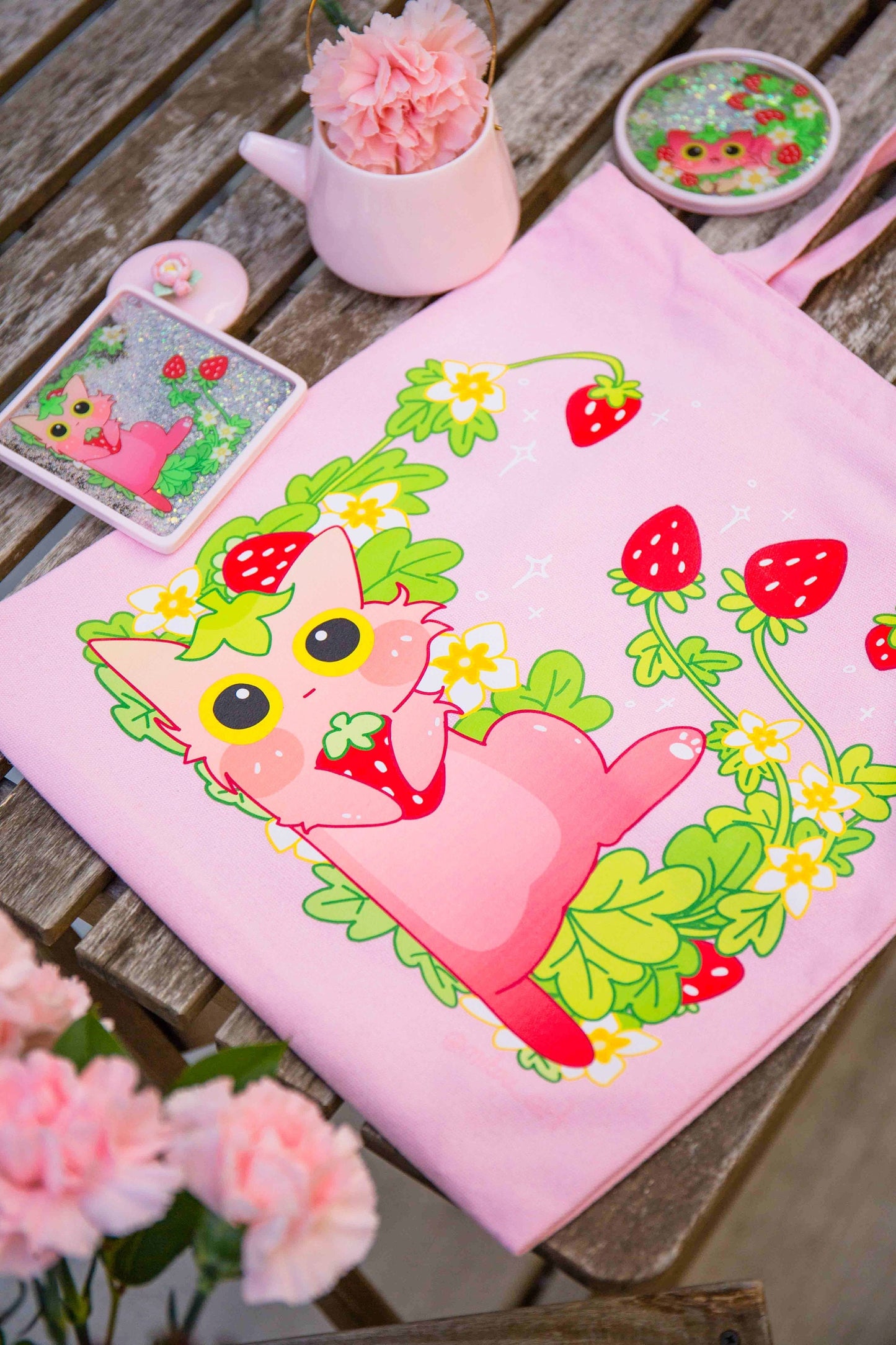 Laying Forever Strawberry Cat Tote Bag | 100% Pink Cotton | Gift for Cat Lovers | Handmade, Durable and Functional | Mikou Original Art