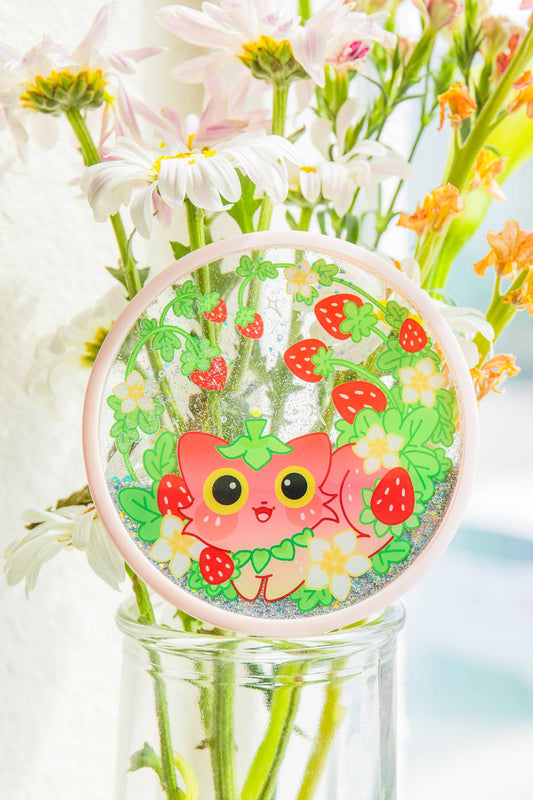 Glitter Quicksand Coaster Blossom Strawberry Cat | Gift for Cat Lovers | Mikou Original Art