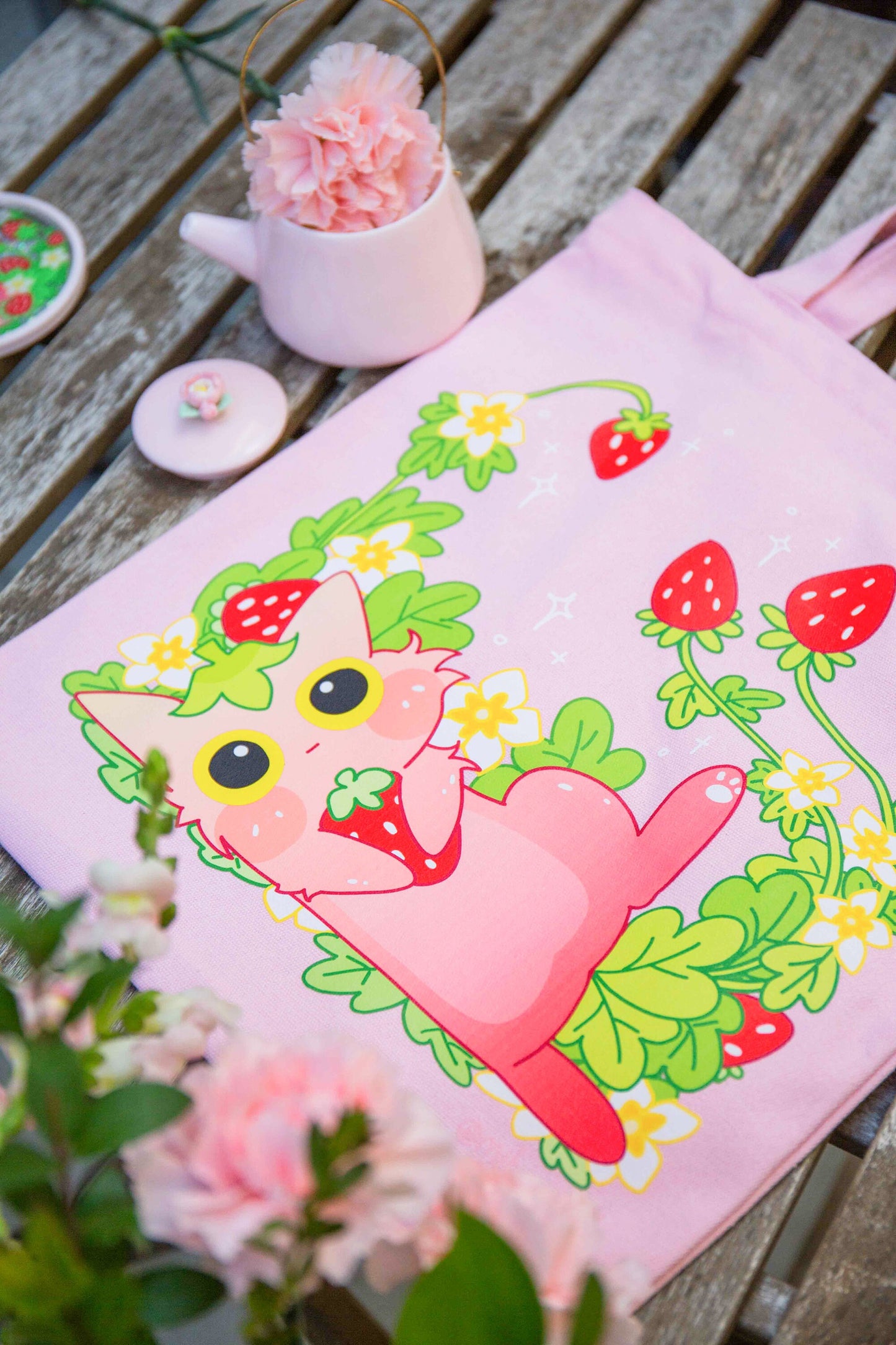 Laying Forever Strawberry Cat Tote Bag | 100% Pink Cotton | Gift for Cat Lovers | Handmade, Durable and Functional | Mikou Original Art