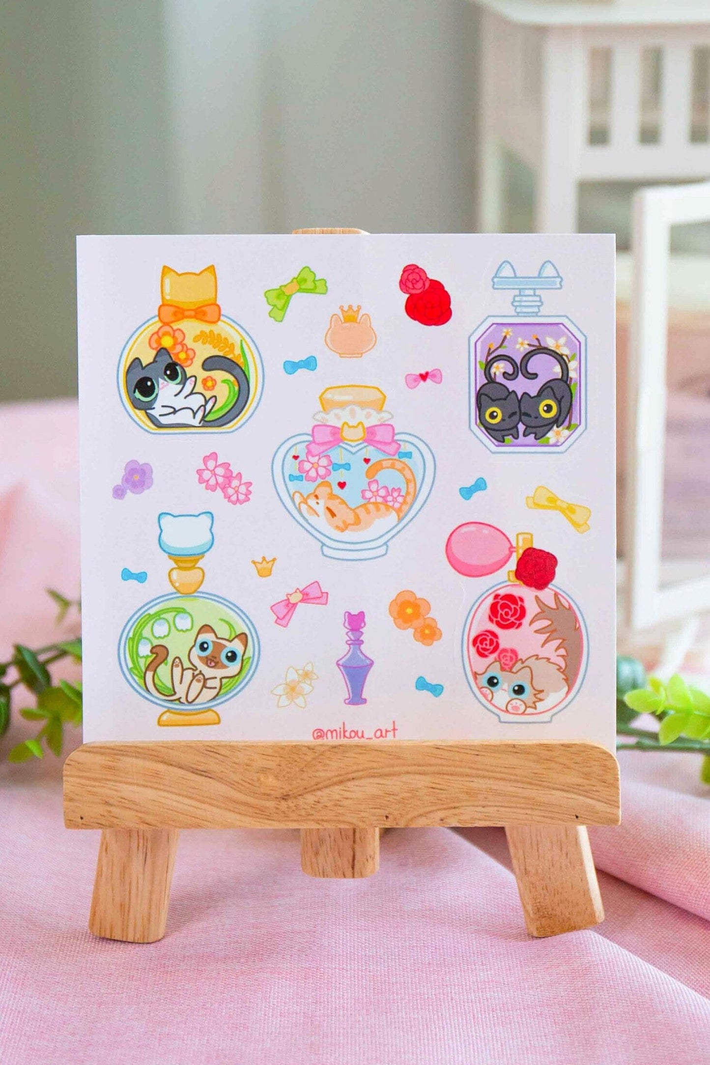 Sticker Sheet | Whimsical Perfume Cat Collage | 5.5x5.5 inch | Waterproof, and Fade-Resistant | Gift for Cat Lovers | Mikou Original Art